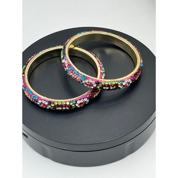 Deepa Gurnani Thin Pink Colorful Multicolored Rhinestone Bangle Bracelet Set - Picture 5 of 8
